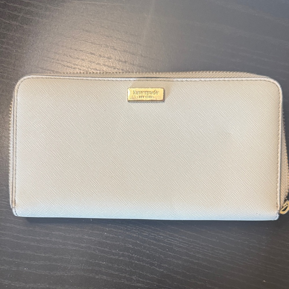 Kate Spade ♠️: Light GrayZip-Around Leather Wallet with Gold Hardware